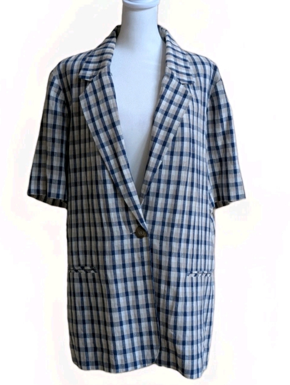 Requirements Linen Blend Plaid Blazer Short Sleeve Navy White Beige